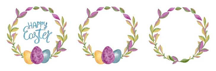 Hand Drawing Watercolor leaves Wreaths with colorful Easter Eggs and Happy Easter Lettering. Use for greeting card, celebration, festival,  design, print, packaging