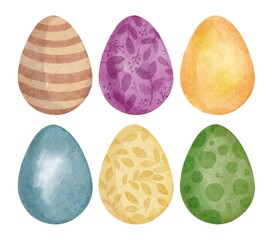 Hand Drawing Watercolor set of Colorful Easter Eggs. Brown, Pink, Yellow, Green and Blue Eggs with patterns. Use for poster, card, design, print, postcard, shop, packaging
