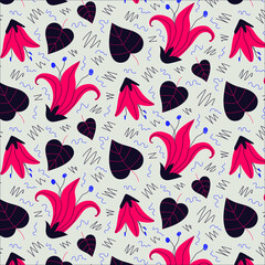 Bright floral pattern. Texture in doodle style. Pink, blue, gray and purple. Print for printing and decoration.