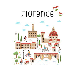 Fototapeta premium Lovely hand drawn map of Florence, Italy. Illustrated sights and cute decoration. Great for textiles, cards, tourist guides, souvenirs - vector design