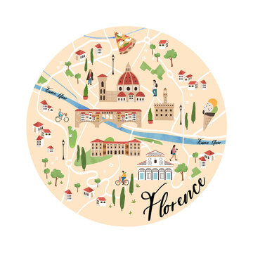 Lovely hand drawn map of Florence, Italy. Illustrated sights and cute decoration. Great for textiles, cards, tourist guides, souvenirs - vector design
