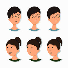Faces of a girl and a boy, set. Different emotions of children. Pupils