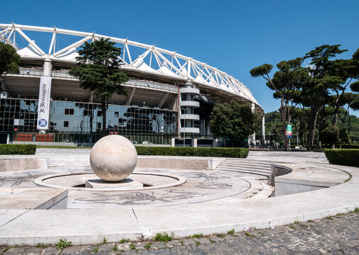 Stadio Olimpico, largest sports facility of Rome. A.S. Roma, S.S. Lazio, Italy national football teams. Fontana del Globo fountain in front. Foro Italico sports complex on June 2, 2019 in Rome, Italy.