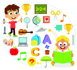 Cute kids and school objects