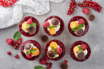 Panna cotta dessert with raspberry and mint