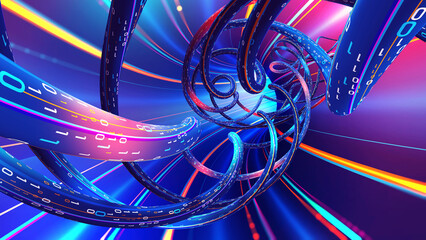 Cyber portal of streaming data. High-speed Internet and high-tech business. 3D illustration of a big data vortex field. Neon tunnel of time funnel