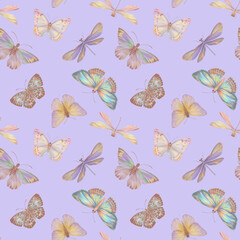 Digitally processed seamless botanical pattern. Raster texture of animalistic design. Delicate watercolor butterflies collected in a seamless pattern for design.