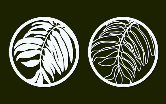 Two round frames with silhouette and outline of large leaves. File for cutting and decorating. Design for home.