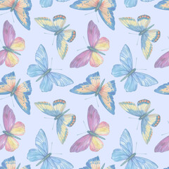 Vintage hand drawn colorful seamless pattern with beautiful pastel watercolor butterflies on vibrant background. Watercolor butterfly seamless pattern hand drawn texture