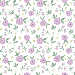 Floral seamless pattern with purple daisy flower and leaves on white background vector illustration.