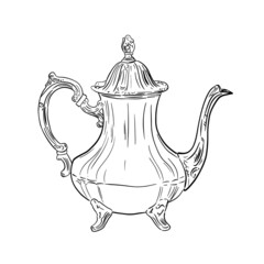 Vintage teapot realistic drawing. Vector sketch of tea service, classic antiques.