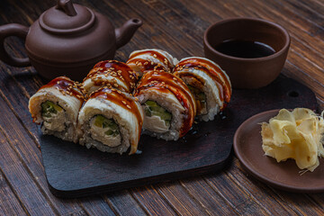 Asian traditional snack. Japanese sushi - fast food