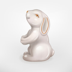 Figure of white ceramic Rabbit isolated on a white background. Vector realistic 3D illustration of decorative Bunny. Rabbit is a symbol of the 2023 Chinese New Year