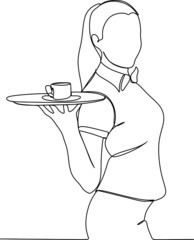continuous line drawing of waiters man holding order glass wine on the tray for customer. One line art concept of restaurant bar and cafe worker. Vector illustration