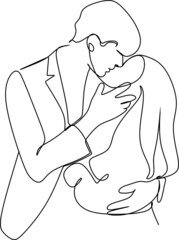one line drawing of hugging couple vector minimalism. Single hand drawn continuous of man and woman in romantic moment.