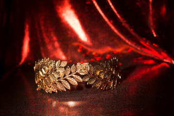 Laurel wreath, crown, symbol of victory on red background.