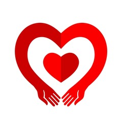 Human hugs in heart shape, hugging hands support and love symbol hugged arms girth silhouette unity and warmth feeling, flat vector illustration, logo template.