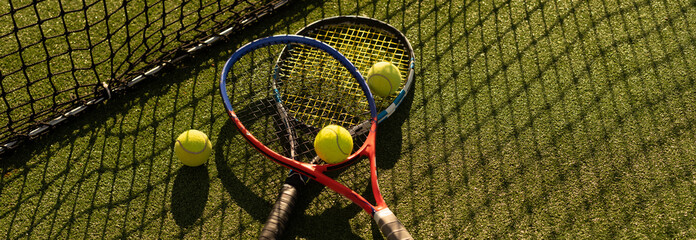 Tennis game. Tennis ball with racket on the tennis court. Sport, recreation concept.