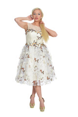 Portrait of beautiful woman in dress posing isolated