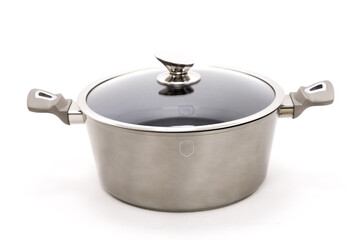 Silver frying pan. Heat resistant glass. Aluminium case. Tempered glass cover. Frying pan.