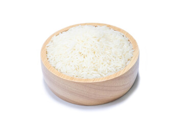 Thai jasmine rice in wooden cup on white background.