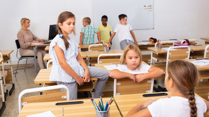 Happy preteen schoolchildren communicating during recess between lessons in classroom