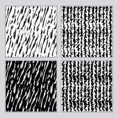 A set of seamless abstract monochrome patterns. Black and white print with wavy lines, dots and spots. Brush strokes are hand-drawn. Vector texture