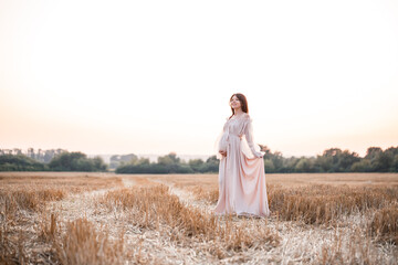 Naklejka na ściany i meble A pregnant woman on the background of a field at sunset, a woman with long hair and a belly spread her arms to the sides and enjoys the freedom of the wind.