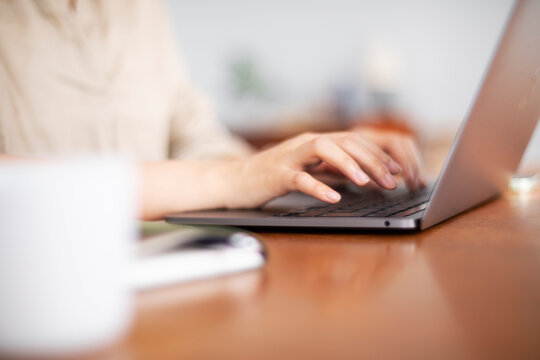 リビングでパソコンを見る女性の手元