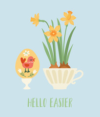Easter illustration with egg and flovers. Easter symbols. Cute vector design