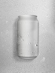 Freezing cold aluminum can with water droplets on water drops background