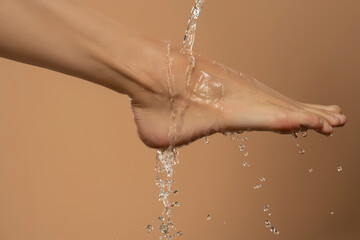 Close up of a female wet foot with water gliding over it