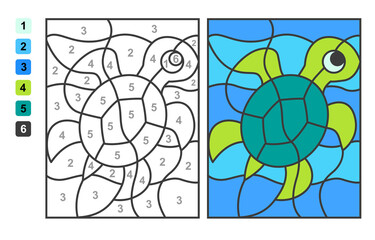 Color by numbers sea and ocean life. Puzzle game for children education, colors for drawing and learning mathematics