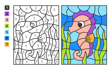 Color by numbers sea and ocean life. Puzzle game for children education, colors for drawing and learning mathematics