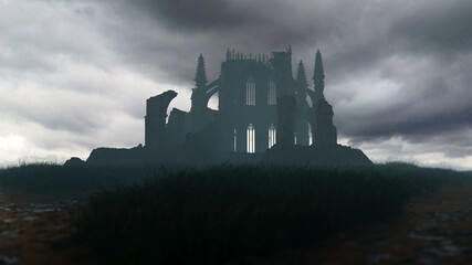 Obraz premium Ruin of an ancient church in misty countryside under a dark cloudy sky. 3D render.