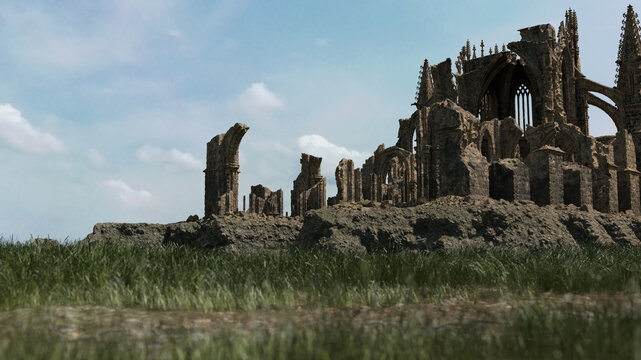Ruin of an ancient cathedral in sunny countryside under blue cloudy sky. 3D render.