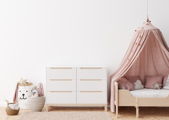 Empty white wall in modern child room. Mock up interior in scandinavian style. Free, copy space for your picture, poster. Bed, console, rattan basket, toys. Cozy room for kids. 3D rendering. © Creative_Bird