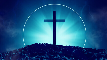 The cross on dark background with sunlight. Fantastic concep . 3d render illustration