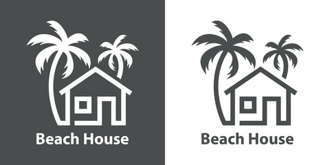 Logotipo con texto Beach House con silueta de casa con palmeras con líneas en fondo gris y fondo blanco © teracreonte