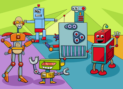 cartoon funny robots and droids characters group