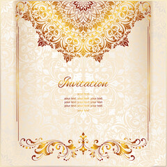 Vintage background mandala business card invitation with golden lace ornaments and art deco floral decorative elements
