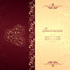 Vintage background mandala business card invitation with golden lace ornaments and art deco floral decorative elements
