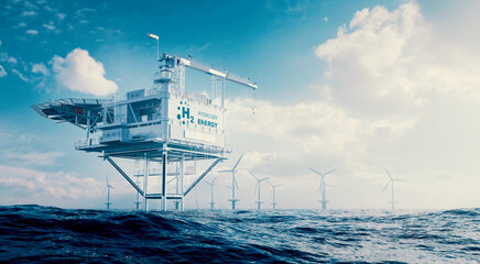 The concept of offshore hydrogen production through a hydrogen rig platform with an offshore wind turbine farm in the middle of the sea. 3d rendering