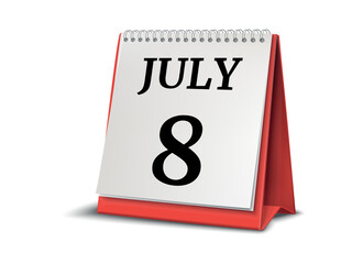 July 8. Calendar on white background. 3D illustration.