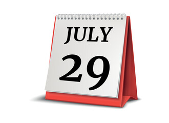 July 29. Calendar on white background. 3D illustration.