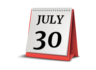 July 30. Calendar on white background. 3D illustration.