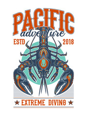 "Pacific adventure" - label design. Vector illustration of lobster in engraving technique.