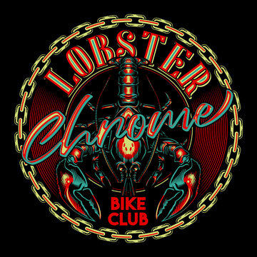"Chrome Lobster. Bike club" - label design. Vector illustration of lobster in engraving technique.