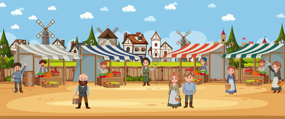 Medieval town scene with villagers at the market - obrazy, fototapety, plakaty