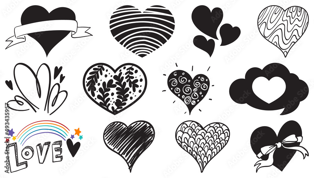 Poster Black hand drawn hearts set